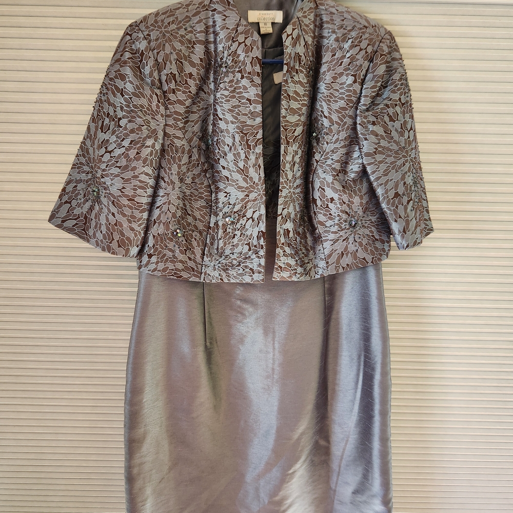 Women's Size 10 Formal Elegant Silver Beaded Midi Dress with Jacket Knee Length